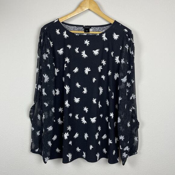 Ann‎ Taylor Factory Sheer Ruffle Blouse Black White Print Size L Whimsigoth - Picture 1 of 6